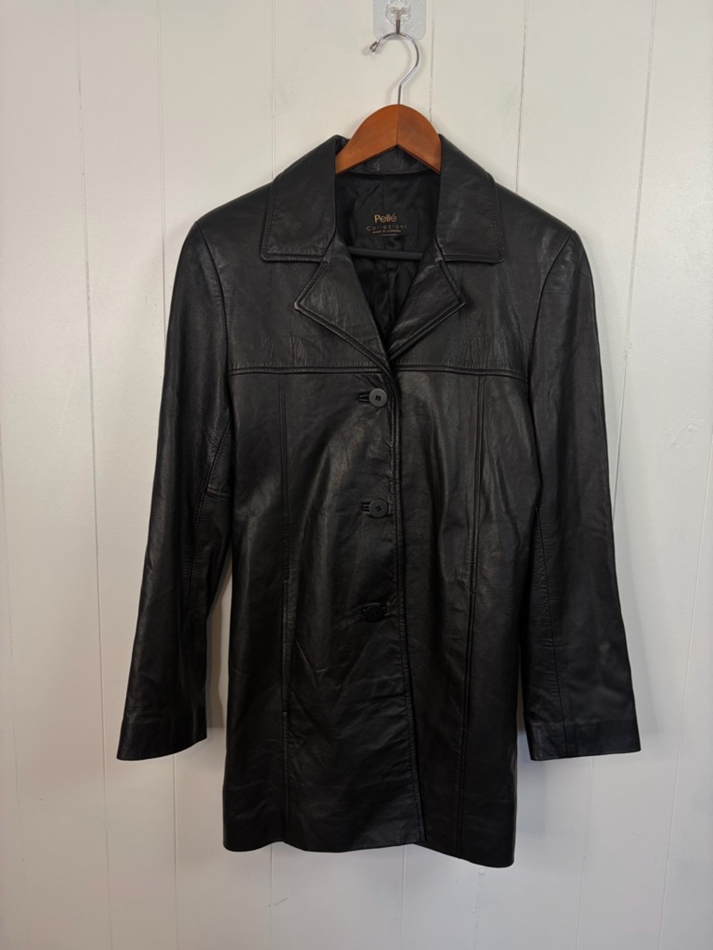 Vintage 90s Black Long Blazer Leather Jacket Coat Minimalist Womens Size Small - Picture 4 of 15